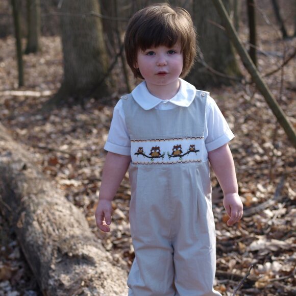 Fall Winter Thanksgiving Boys Longall with Hand Smocked Owls, Coordinated Shirt - Picture 4 of 6